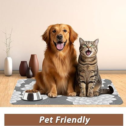 Dahlia Dog Cat Food Mat,Gray White Flowers Absorbent Pet Feeding Mat with Rubber Backing,Non-Slip Water Bowl Placemat,Indoor Pet Accessories Supplies 12"x20"
