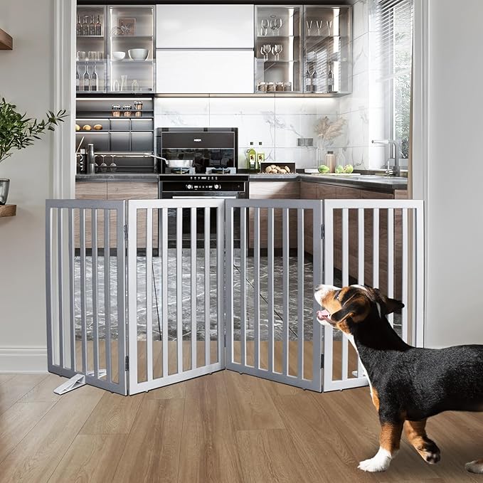 ZJSF Freestanding Indoor Dog Gate for House Foldable Wood Puppy Gate for Doorways Pet Gate for Stairs Extra Wide Pet Fence, Grey, 32" Height 4 Panels