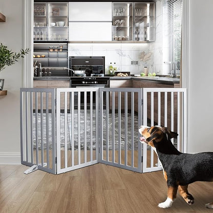 ZJSF Freestanding Indoor Dog Gate for House Foldable Wood Puppy Gate for Doorways Pet Gate for Stairs Extra Wide Pet Fence, Grey, 32" Height 4 Panels
