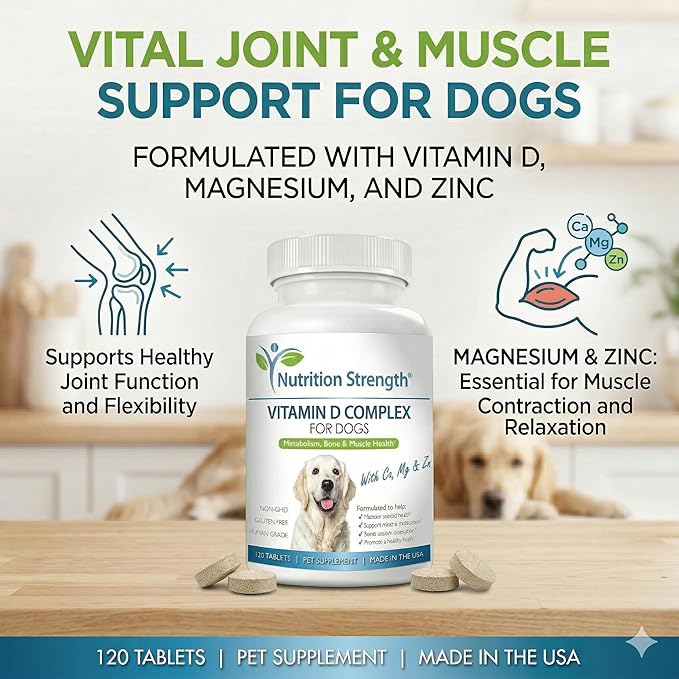 Vitamin D for Dogs with Calcium, Magnesium and Zinc to Support Strong Teeth, Bones and Muscles, Promote Mineral Metabolism and a Healthy Immune Function, 120 Chewable Tablets
