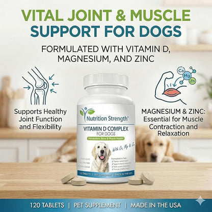Vitamin D for Dogs with Calcium, Magnesium and Zinc to Support Strong Teeth, Bones and Muscles, Promote Mineral Metabolism and a Healthy Immune Function, 120 Chewable Tablets