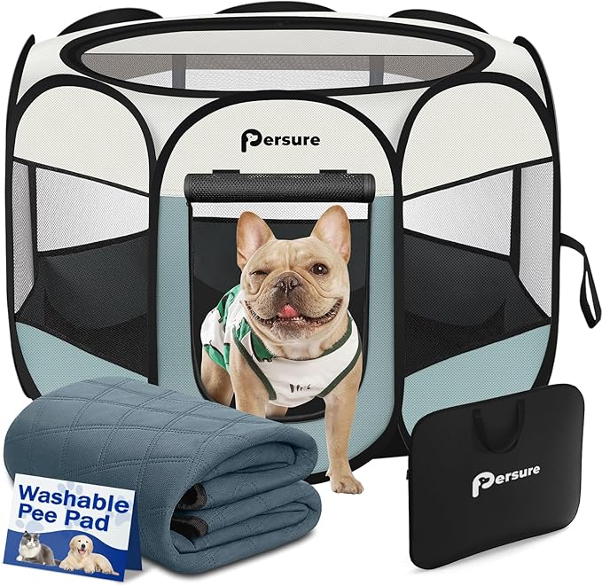Dog Cat Playpen Indoor Outdoor for Puppy Pet Dogs Cat Recovery After Surgery, Dog Tent Crates Cage Indoor/Outdoor, Portable Pop Up Kennel with Carrying Case for Travel (Grey with Pad, Large)