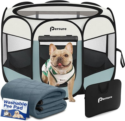 Dog Cat Playpen Indoor Outdoor for Puppy Pet Dogs Cat Recovery After Surgery, Dog Tent Crates Cage Indoor/Outdoor, Portable Pop Up Kennel with Carrying Case for Travel (Grey with Pad, Large)