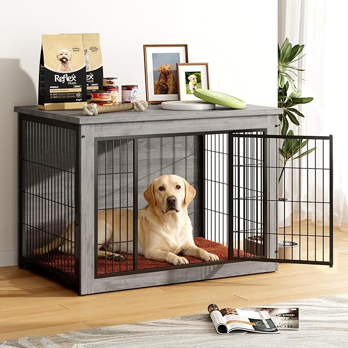 Greesum Modern Dog Crate Furniture That Doubles as a Side Table - Sturdy Wooden Kennel with Double Door Design, Equipped with Soft Cushion & Chew-Resistant Resign, Suitable for Dogs