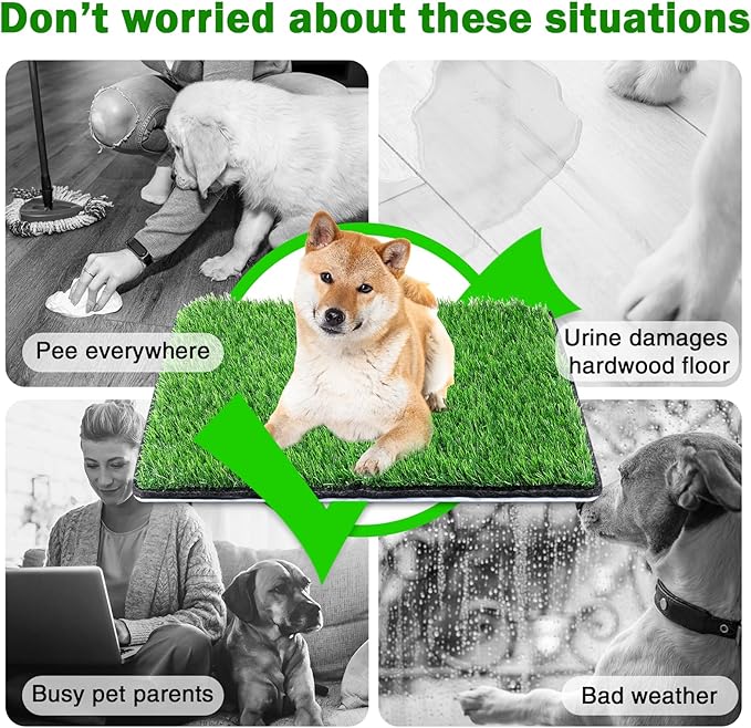 Dog Grass Mat with Pee Pad 32×23", Medium Dog Litter Box Indoor Artificial Turf Grass Porch Waterproof Patio Potty Tray for Doggie Reusable Washable Pads and Lawn for Replacement for Puppy Training