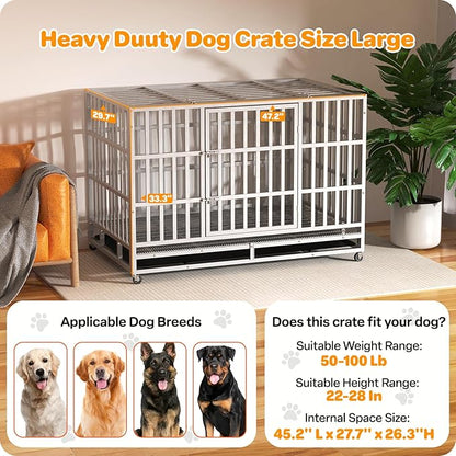 Hiwokk 48 Inch Heavy Duty Dog Crate, Indestructible Escape-Proof Dog Kennel for High Anxiety Large Dogs, Strong Metal Pet Cage with Double Doors, Lockable Wheels & Removable Tray, XL XXL XXXL