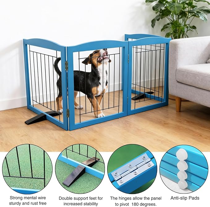 ZJSF Freestanding Dog Fence Indoor, Foldable Dog Gate for Doorways, Stairs or Hallways, Sturdy Wood Extra Wide Pet Gate with Support Feet for The House, Blue, 32 "Height-4 Panels