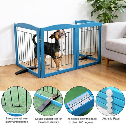 ZJSF Freestanding Dog Fence Indoor, Foldable Dog Gate for Doorways, Stairs or Hallways, Sturdy Wood Extra Wide Pet Gate with Support Feet for The House, Blue, 32 "Height-4 Panels