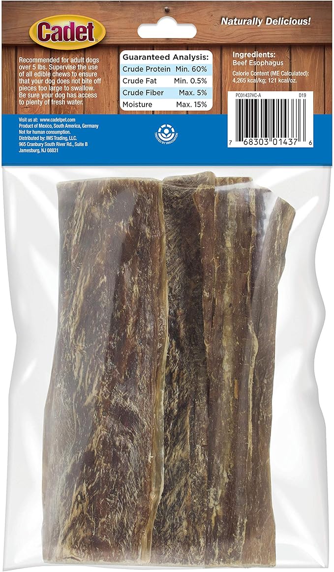 Cadet 100% Beef Strip Long Lasting Chews for Dogs, Single Ingredient Beef Esophagus Dog Treats, Natural High Protein Rawhide Alternative for Small & Large Dogs, 1.4 Ounce