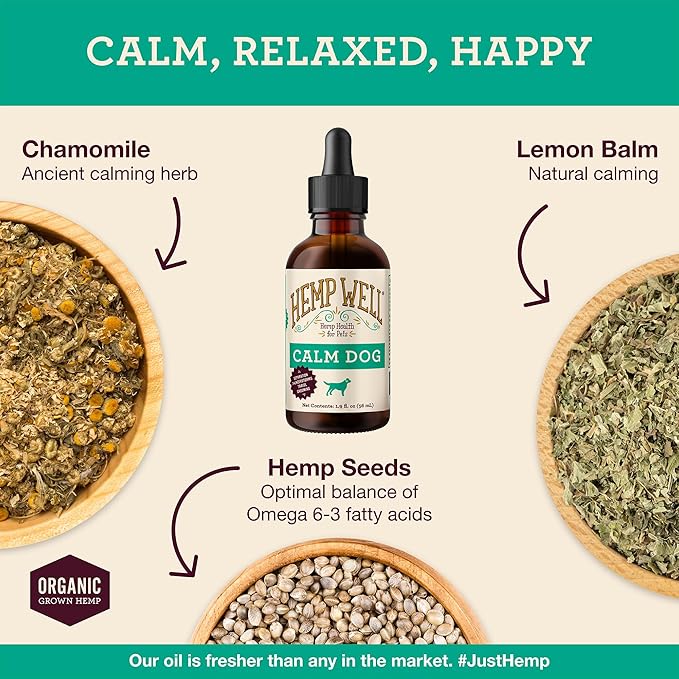 Hemp Well Calm Dog Oil – Natural Anxiety & Stress Relief for Dogs – Eases Nervousness, Promotes Relaxation & Balanced Behavior – Organic Hemp & Melatonin Formula – for Small & Large Dogs – 2 oz