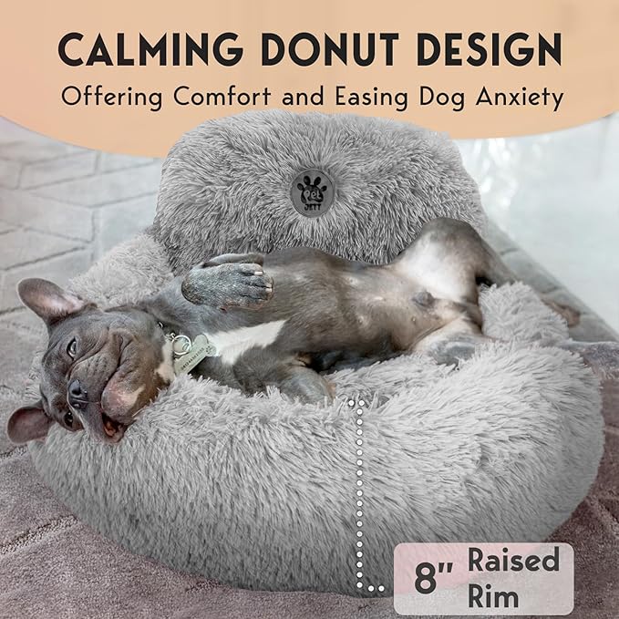 PetJett Small Dog Bed - 23'' Round Dog Beds, Calming Puppy Bed - Anti-Slip & Washable Super Soft Fluffy Plush Faux Fur Pet Bed, Anti-Anxiety Premium Comfort Donut Bed,Fits Dogs upto 25 lbs,Bright Gray