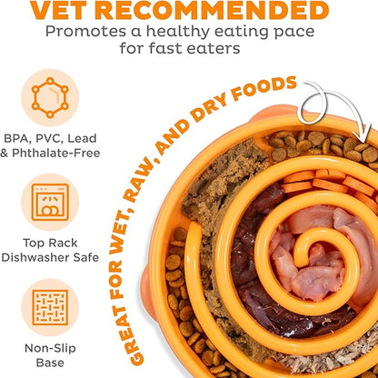 Outward Hound Fun Feeder Slo Bowl – Large 4‑Cup Capacity, Slow Feeding, Medium to Large Dogs, Non‑Slip, Orange, Swirl Pattern
