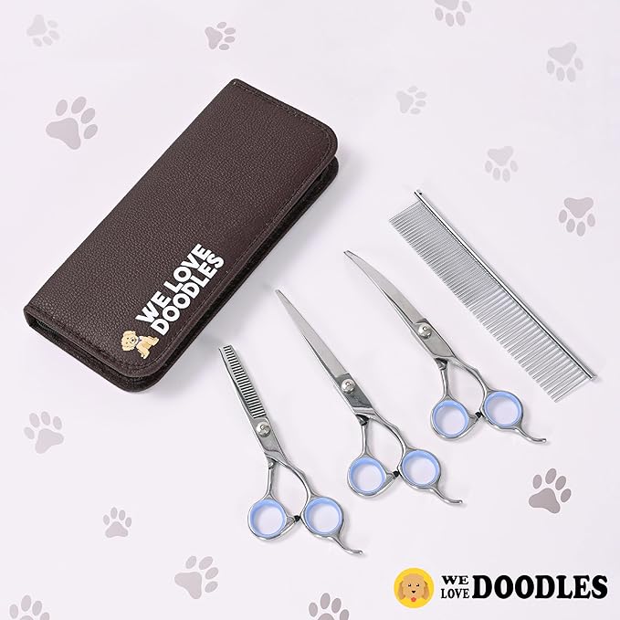 Dog Grooming Scissors Kit - Best Tools for Goldendoodles & Poodles- Straight, Curved & Thinning Shears - Golden Doodle Grooming Professional Grade Stainless Steel, 4 Pc Set (Long Silver)