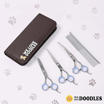 Dog Grooming Scissors Kit - Best Tools for Goldendoodles & Poodles- Straight, Curved & Thinning Shears - Golden Doodle Grooming Professional Grade Stainless Steel, 4 Pc Set (Long Silver)