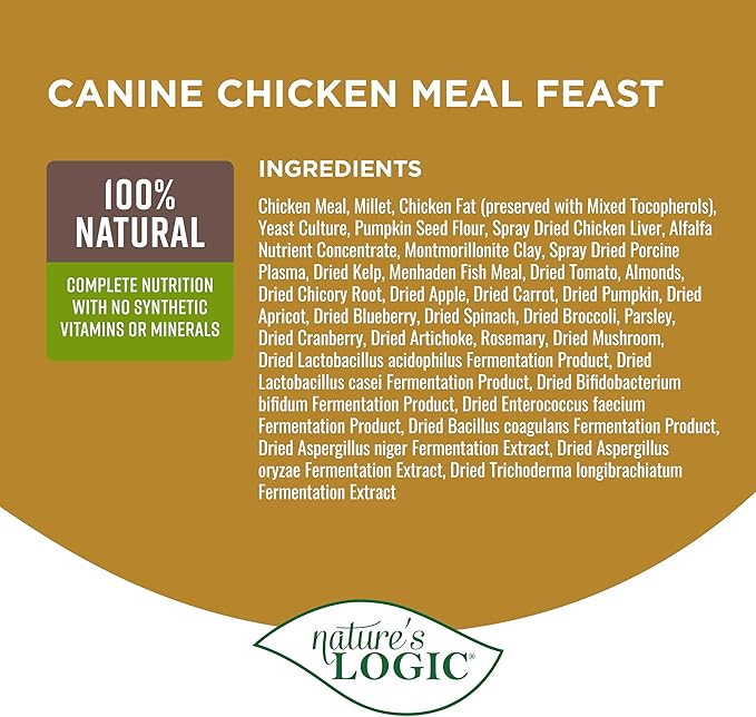 Nature's Logic Dry Dog Food - 100% Natural - No Synthetics - for All Ages, Sizes, Breeds - Free from Common Allergens, High Protein - Chicken Meal Feast, 25lbs