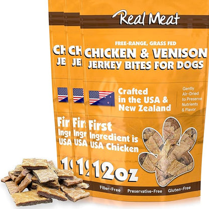 Real Meat Dog Treats - Three 12oz Bag of Bite-Sized Air-Dried Venison & Chicken Jerky for Dogs - Grain-Free Jerky Treats with 95% Free-Range Venison & Chicken - All-Natural Treats