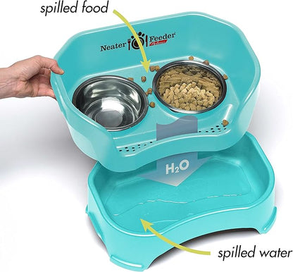 Neater Feeder Deluxe Mess-Proof Elevated Cat Bowls, 2 Height Adjustable (6” & 7.5”) No-Spill Raised Cat Bowl Stand, Whisker Friendly Stainless Steel Dishes for Indoor Cats, Made in USA, Aquamarine