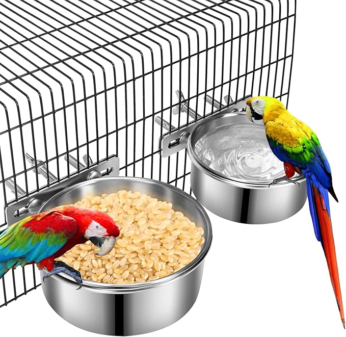 2 Pcs Small Dog Food Water Bowl for Cage with Upgraded Clamp Holder, Pet Kennel Hanging Bowls Stainless Steel Detectable Bowls Crate Feeder Dish for Small Dogs (4.7x2'' & 3.9x2'')