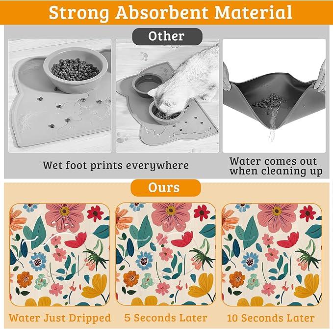 Colorful Flower Feeding Mat,Groovy Wildflowers Absorbent Quick-Dry Cat Dog Food and Water Bowl Mats,Non-Slip Rubber Backing Mat,Cat Dog Accessories Supplies 12" x 20"