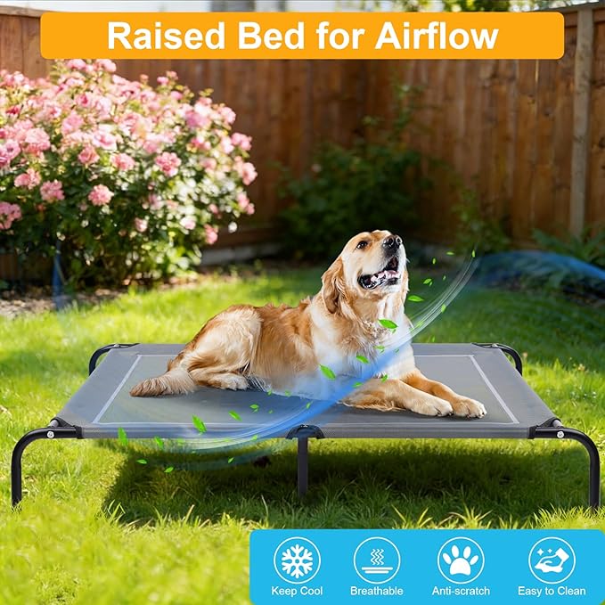 48'' Outdoor Elevated Dog Bed with Four Ice Pack, Raised Dogs Bed Medium Large Size Dogs, Breathable Cooling Dog Cot Beds with Six Support Feet, Outdoor Pet Hammock Beds, Outside Pet Beds(Large)