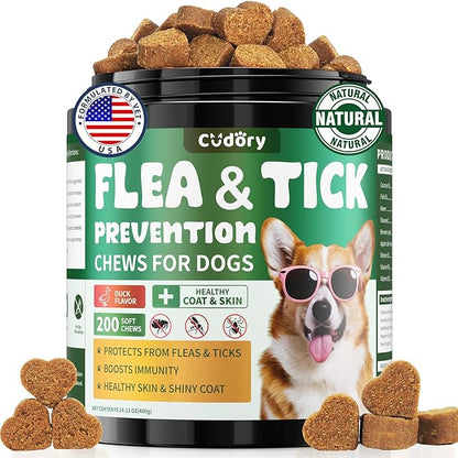 Flea and Tick Prevention for Dogs Chews – 200 Soft Chews, Dog Flea Chewables with Skin & Coat Support – Oral Supplement for All Breeds & Ages – Natural Duck Flavor
