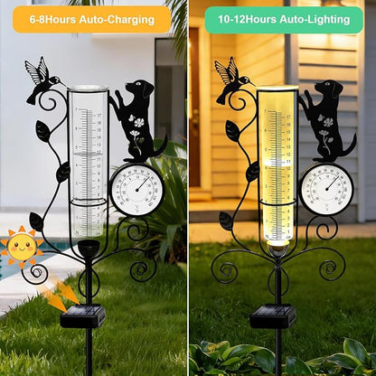 YJFWAL Dog Rain Gauge Outdoor, Decorative Metal Hummingbird Solar Rain Gauge with LED Light and Thermometer, Garden Decor for Yard, Lawn, Pathway, Farm