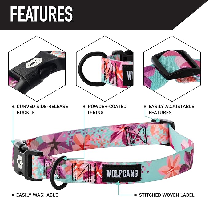 Wolfgang Heavy Duty Martingale Dog Collar with Quick Release Nylon Buckle for Walking & Training, DigiFloral Print, Small