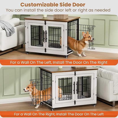 Lulive Dog Crate Furniture Set of 2, Dog Kennel Indoor Double Doors Wooden Dog Cage, 32'' Heavy Duty Dog Crate with Cushion & Wheels, End Table Pet House Chew-Resistant Up to 45 lb, White