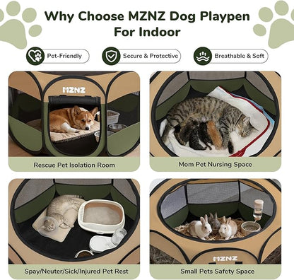 Dog Playpen, Portable Puppy Pet Crate Indoors for Small/Medium Dogs Cats Rabbits, Foldable Dog Cage Enclosure for Outdoor, Pop Up Dogs Tent Kennel with Carrying Case, Olive Green