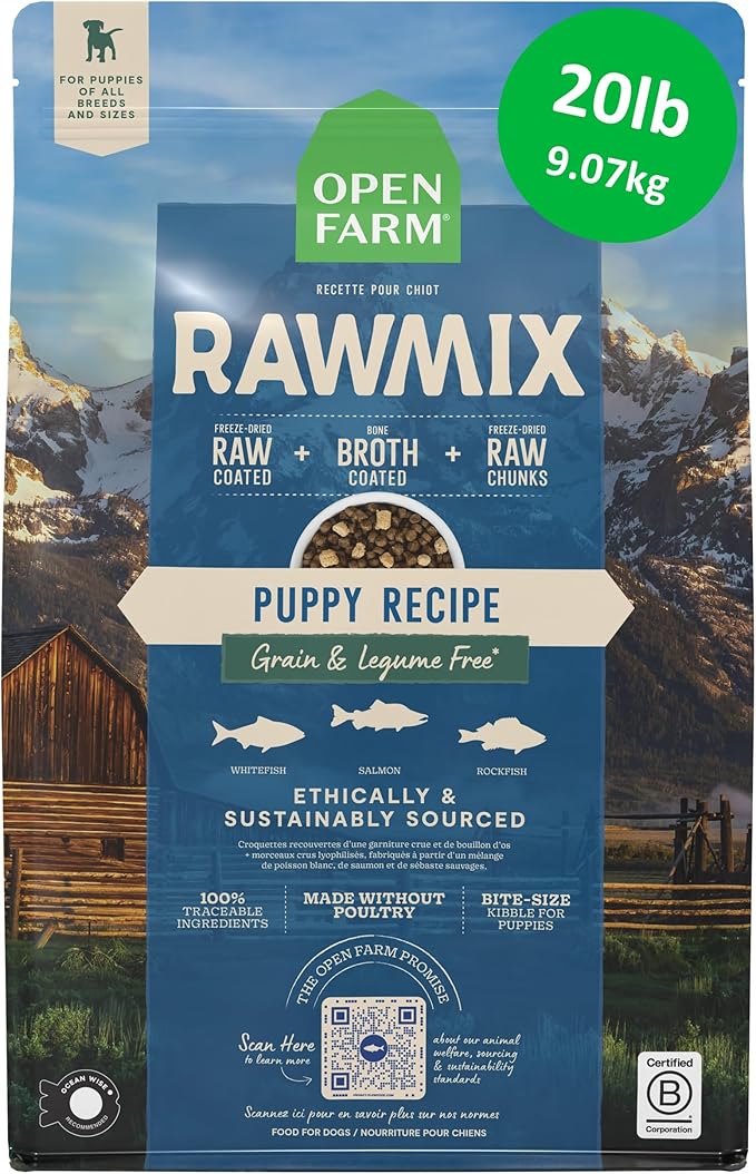 Open Farm, RawMix Grain-Free Dry Puppy Food, Protein-Packed Kibble Coated in Bone Broth with Freeze Dried Raw Chunks, Wild Caught Fish, Puppy Recipe, 20lb Bag