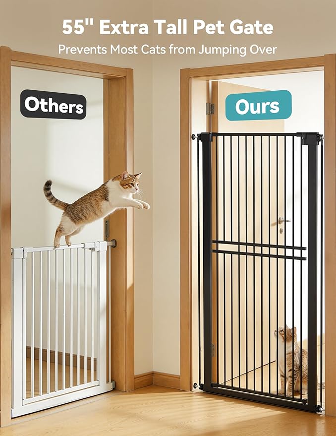 No Pawblems 55" Extra Tall Pet Gate for Cat/Dog, 31.5-48" Wide Auto Close Tall Cat Gate with 25.6" Wide Walk-Thru Door Opening, 1.37" Ultra Narrow Spacing, NO Drilling Pressure Mounted, Black