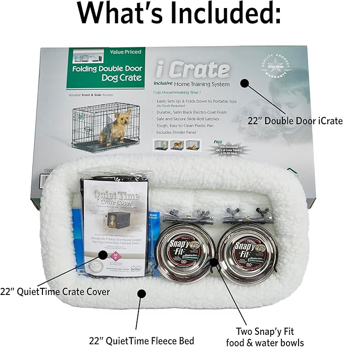 MidWest Homes for Pets XS Double Door iCrate Starter Kit, 22-inch Dog Crate Bundle for Extra-Small Dogs, Includes Cage, Pet Bed, 2 Bowls and Privacy Cover