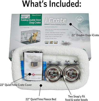 MidWest Homes for Pets XS Double Door iCrate Starter Kit, 22-inch Dog Crate Bundle for Extra-Small Dogs, Includes Cage, Pet Bed, 2 Bowls and Privacy Cover