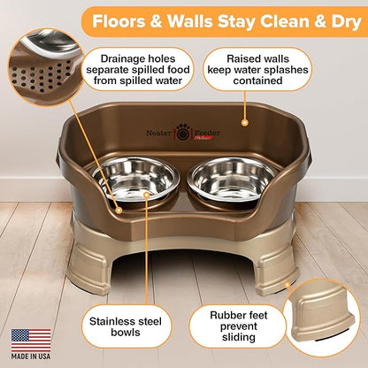 Neater Feeder Deluxe Mess-Proof Elevated Dog Bowls for Small Dogs (Up to 19 lbs), 2 Height Adjustable (6” & 7.5”) No-Spill Raised Dog Bowl Stand, Stainless Steel Food Bowl Set, Made in USA, Bronze