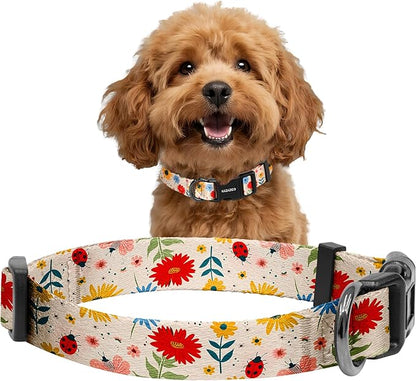 Kazazoo Dog Collar Cute and Soft Nylon Puppy Collar for Boy and Girl, Adjustable Dog Collars for Small Medium Dogs, Ladybugs and Flowers-S
