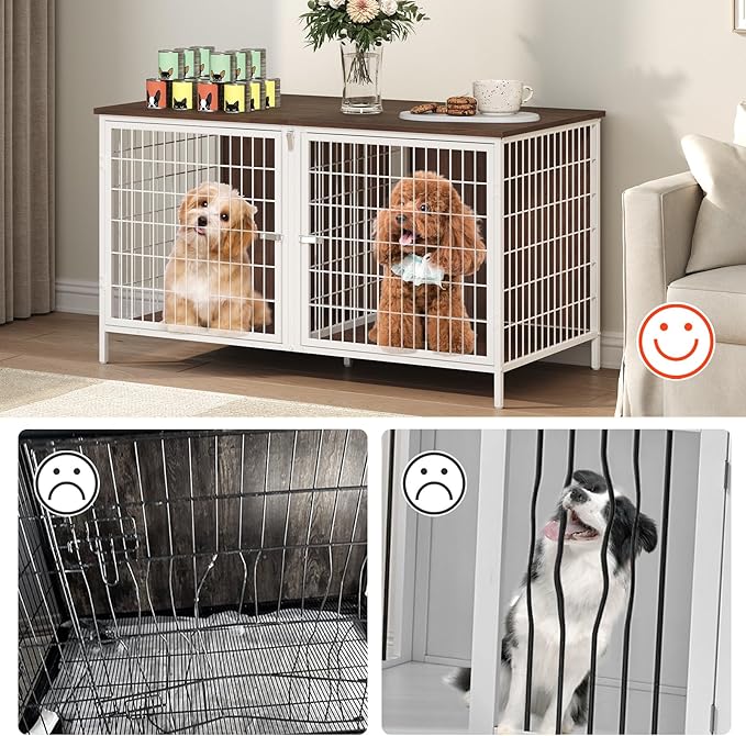 MAHANCRIS Dog Crate Furniture for 2 Dogs, 43.3" Dog Kennel with Removable Divider, Heavy Sturdy Dog Furniture Style Double Cage for Small Medium Dogs, Indoor Pet House End Table, White and Walnut