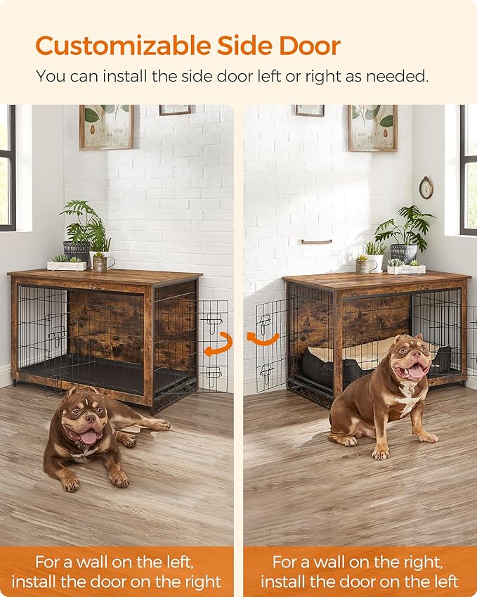 Feandrea 38.6" Dog Crate Furniture, Indoor Dog Cage Side End Table, XL Pet Wood Kennel for Large and Medium Dogs up to 70 lb with Multi-Purpose Removable Tray, Double-Door Pet House, Rustic Brown