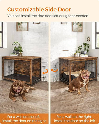 Feandrea 38.6" Dog Crate Furniture, Indoor Dog Cage Side End Table, XL Pet Wood Kennel for Large and Medium Dogs up to 70 lb with Multi-Purpose Removable Tray, Double-Door Pet House, Rustic Brown