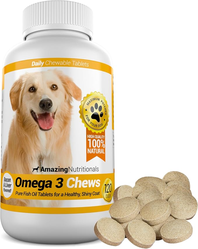 Amazing Omega 3 for Dogs - Fish Oil Supplement 120 Bacon Chews - Dog Vitamins for Itchy Skin Relief, Dry Skin, Shedding & Coat - Omega Fatty Acids EPA DHA - Made in USA