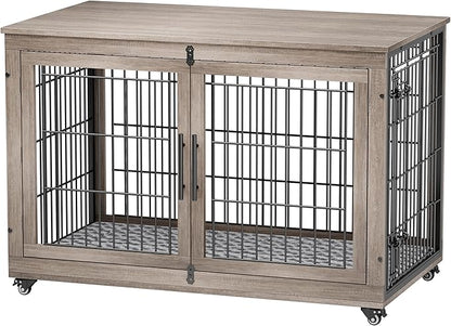 YaFiti Dog Crate Furniture with Cushion, Wooden Dog Kennel Indoor with Double Doors, Dog Cage with Wheels, Dog House Side End Table for Large Dogs up to 85 lb, 44" L, Grey