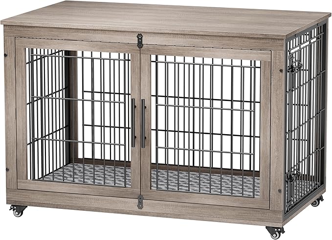 YaFiti Dog Crate Furniture with Cushion Set of 2, Wooden Dog Kennel Indoor with Double Doors, Dog Cage with Wheels, Dog House Side End Table for Large Dogs up to 85 lb, 44" L, Grey