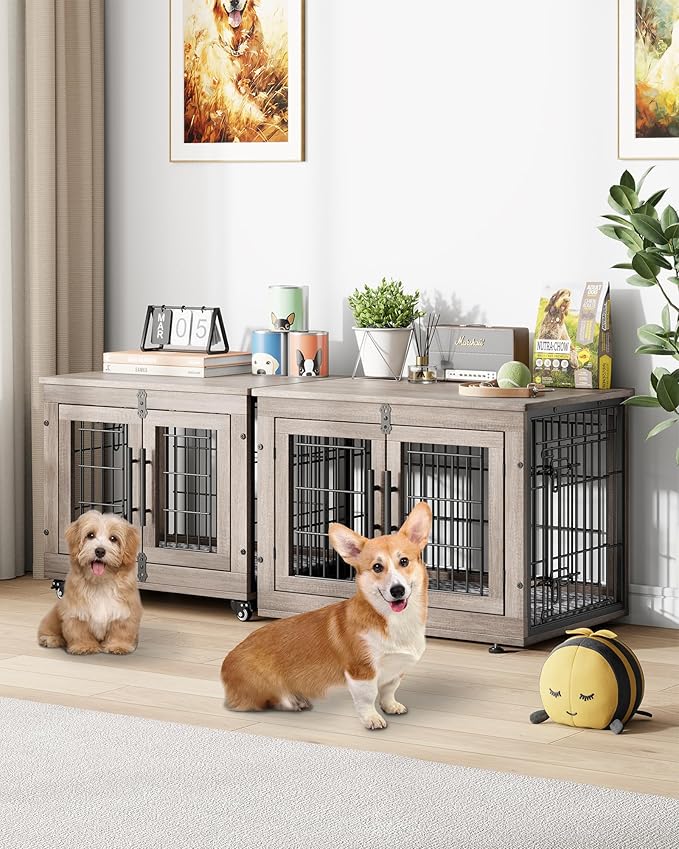 YaFiti Dog Crate Furniture with Cushion, Wooden Dog Kennel Indoor with Double Doors, Dog Cage with Wheels, Dog House Side End Table for Small Dogs up to 30 lb, 27.2" L, Grey