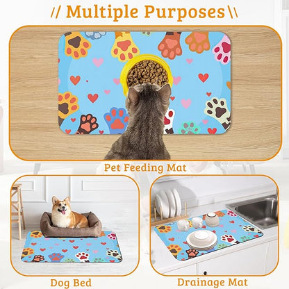 Pet Feeding Mat,Dog Paws Absorbent Dog Cat Food Mat Cute Cat Dog Mat with Rubber Backing,Non-Slip Water Bowl Placemat,Pet Supplies 16" x 24"