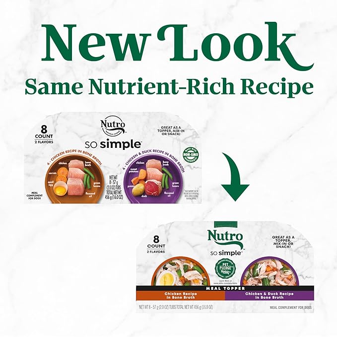 Nutro So Simple Wet Dog Food Meal Complement, Dog Food Toppers Chicken and Chicken & Duck Recipes in Bone Broth, Variety Pack, 2 oz. Trays (8 Count, Pack of 1)
