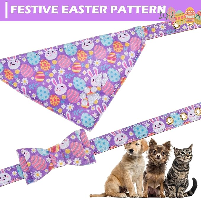 EXPAWLORER Easter Dog Collar and Leash Set - Egg Bunny Pattern Bow Tie & Bandana Embroidery Holiday Pet Collars with Bell, Soft Tangle Free Leash for Dogs Cats Outdoor Walking, Small