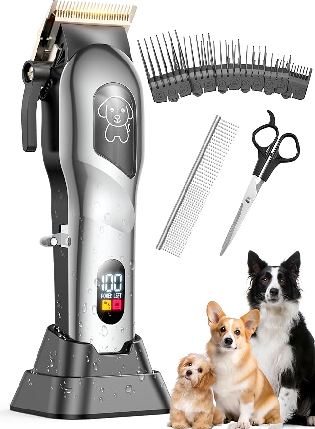 Dog Clippers for Grooming, Dog Grooming Kit for Heavy Thick Hair, Low Noise Cordless Pet Hair Trimmer with Stainless Steel Blade, Professional Rechargeable Hair Trimmer for Dogs and Cats M-Silver