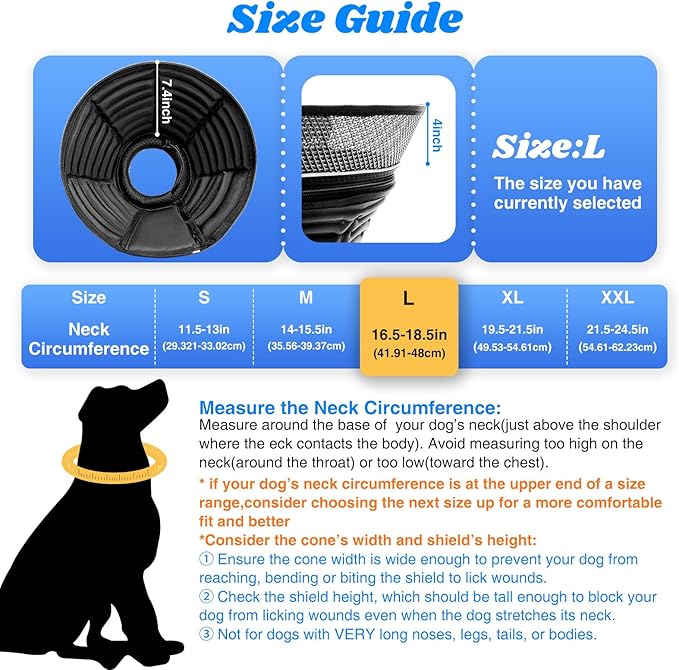 Inflatable Dog Cone for Dogs After Surgery,Soft Adjustable Elizabethan Collar for Large Dogs,2-in-1 Dog Cone with Detachable Shield,Anti-Anxiety Comfortable Pet E-Collar Prevents Licking Wounds(L)