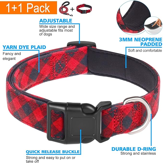 Ladoogo Reflective Dog Collar Padded with Soft Neoprene Breathable Adjustable Nylon Dog Collars for Small Medium Large Dogs (X-Small (Pack of 1), Red Plaid Collar+Leash)