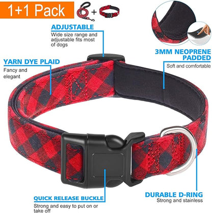 Ladoogo Reflective Dog Collar Padded with Soft Neoprene Breathable Adjustable Nylon Dog Collars for Small Medium Large Dogs (X-Small (Pack of 1), Red Plaid Collar+Leash)