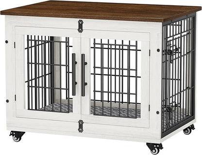 YaFiti Dog Crate Furniture with Cushion, Wooden Dog Kennel Indoor with Double Doors, Dog Cage with Wheels, Dog House Side End Table for Small Medium Dogs up to 45 lb, 32.5" L, White